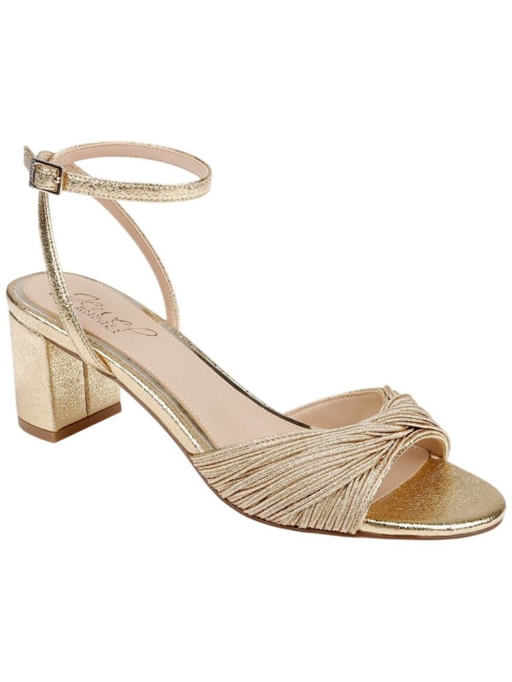 NWT Jewel Badgley Mischka Womens Pretty Block Heel Dress Sandals Gold Textile 8M